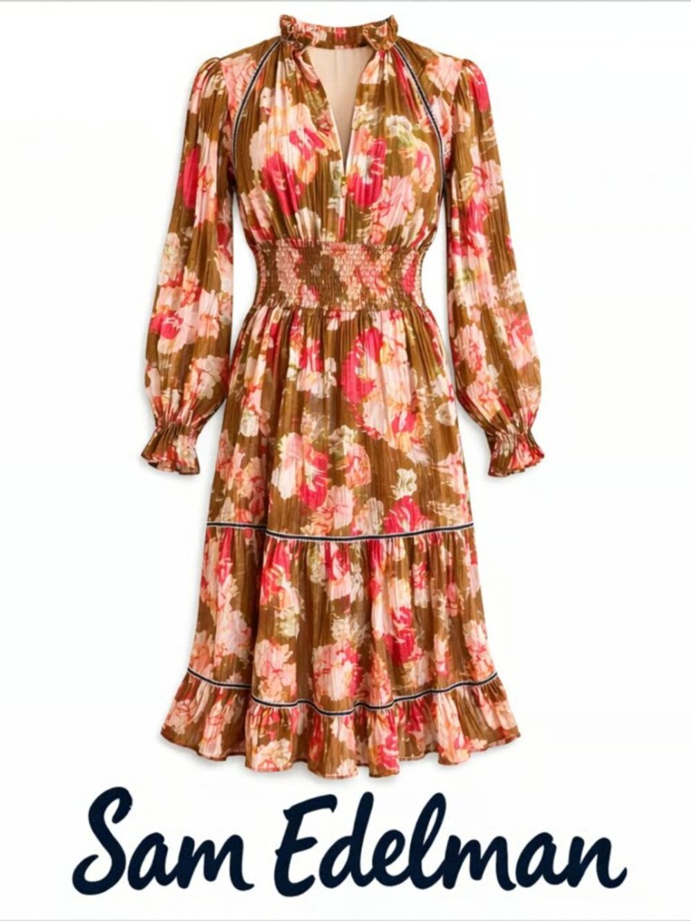 Sam Edelman Maya Floral Long Sleeve V Neck Tiered Midi Dress Brown Pink Floral